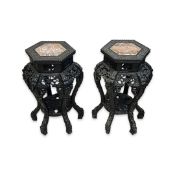 A PAIR OF LATE 19TH / EARLY 20TH CENTURY CHINESE CARVED WOOD AND MARBLE STANDS