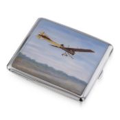 AN EARLY 20TH CENTURY GERMAN SILVER AND ENAMEL AVIATION THEMED CIGARETTE CASE C. 1900
