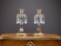ST LOUIS: A PAIR OF GILT DECORATED CRYSTAL GLASS CANDLESTICK LUSTRES