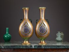 A PAIR OF LATE 19TH / 20TH CENTURY ENAMELLED GLASS VASES IN THE STYLE OF BROCARD, PARIS