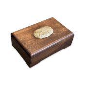 A CHINESE HARDWOOD BOX WITH APPLIED JADE RELIEF