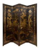 A 19TH CENTURY CHINESE LACQUERED FOUR PANEL SCREEN
