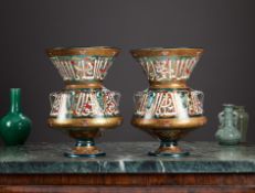 A PAIR OF LATE 19TH / 20TH CENTURY ENAMELLED GLASS MOSQUE LAMP, STYLE OF BROCARD, PARIS