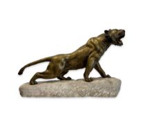 A LARGE EARLY 20TH CENTURY BRONZE AND MARBLE MODEL OF A TIGER