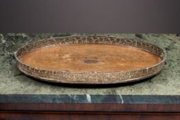 A LARGE 18TH CENTURY GEORGE III STERLING SILVER AND OAK TRAY, C. 1797