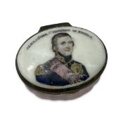 AN 18TH CENTURY BILSTON ENAMEL PATCH BOX WITH PORTRAIT OF ALEXANDER, EMPEROR OF RUSSIA