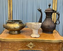 A CARVED MARBLE OIL LAMP, A KASHMIRI COFFEE POT AND A CHINESE CENSER