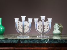 A PAIR OF ART DECO PERIOD FROSTED GLASS VINE CANDELABRA, JOSEPH INWALD C. 1930