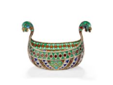 AN EARLY 20TH CENTURY NORWEGIAN PLIQUE A JOUR ENAMEL AND SILVER GILT BOAT