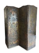A 19TH CENTURY SPANISH LEATHER EMBOSSED FOUR PANEL SCREEN