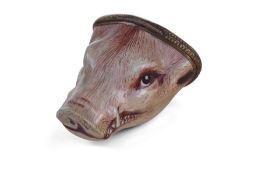 A RARE AND LARGE 18TH CENTURY BILSTON ENAMEL BOAR'S HEAD BONBONNIERE
