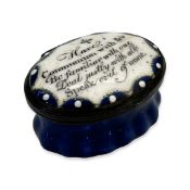 AN 18TH CENTURY BILSTON ENAMEL PATCH BOX 'HAVE COMMUNION WITH FEW'