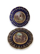 A PAIR OF LATE 19TH CENTURY SEVRES STYLE PORCELAIN PLATES DEPICING MEDIEVAL SCENES