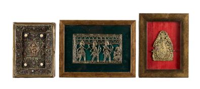 A 19TH / 20TH CENTURY TIBETAN JEWELLED VOTIVE PLAQUE TOGETHER WITH TWO OTHERS