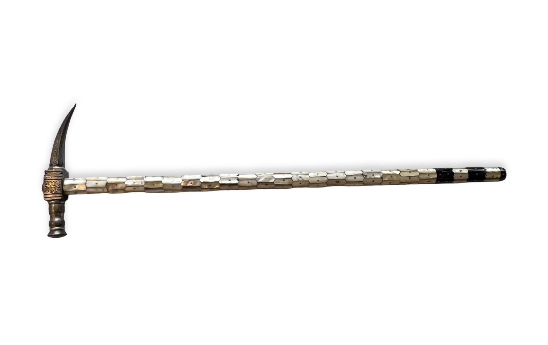 A PERSIAN DAMASCENED STEEL AND MOTHER OF PEARL WAR HAMMER