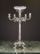 A LARGE 19TH CENTURY SILVER PLATED AND CUT GLASS CANDELABRA, PROBABLY ELKINGTON & CO.