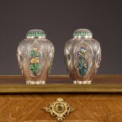 A RARE PAIR OF CHINESE SILVER AND CLOISONNE ENAMEL TEA CADDIES