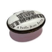 AN 18TH CENTURY BILSTON ENAMEL PATCH BOX RELATING TO BATH