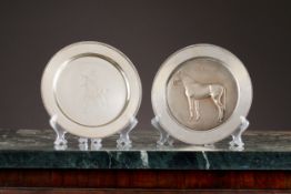 A PAIR OF STERLING SILVER COMMEMORATIVE SALVERS RELATED TO HORSE RACING