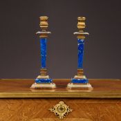 A FINE PAIR OF SILVER GILT AND LAPIS LAZULI ITALIAN CANDLESTICKS
