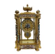 A LATE 19TH CENTURY FRENCH CHAMPLEVE ENAMEL FOUR GLASS MANTEL CLOCK