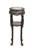 A 19TH CENTURY CHINESE CARVED HARDWOOD AND MARBLE TOPPED STAND
