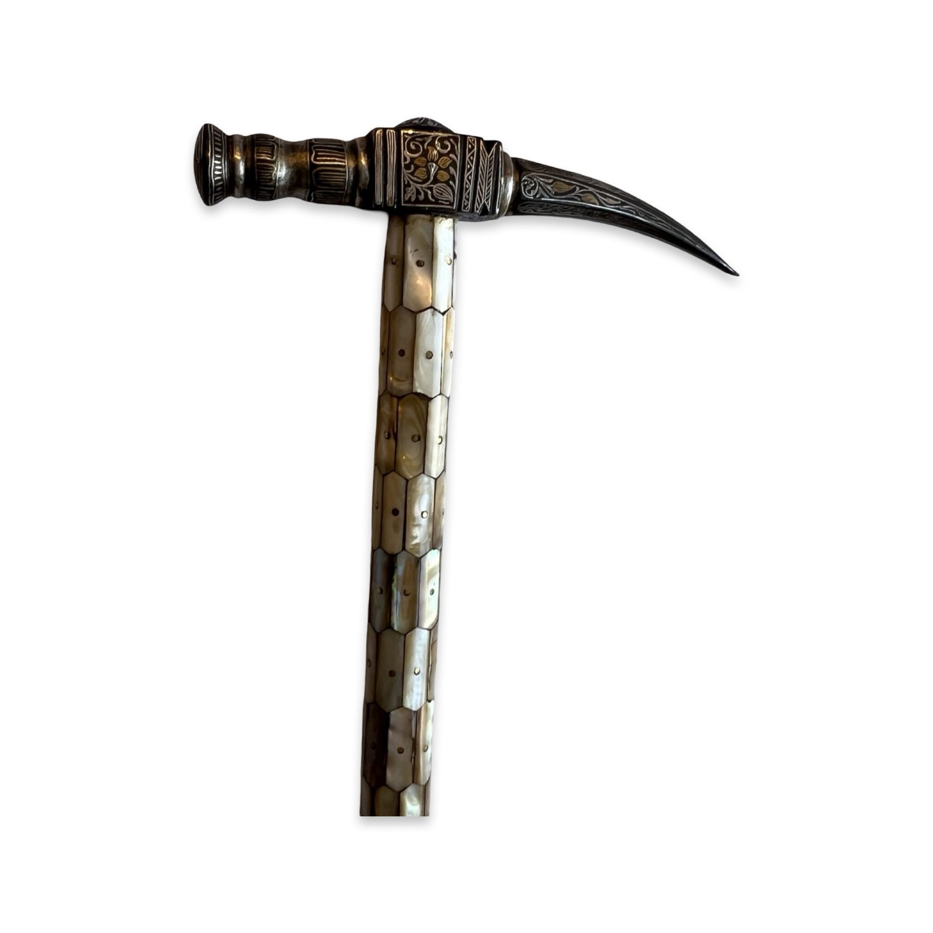 A PERSIAN DAMASCENED STEEL AND MOTHER OF PEARL WAR HAMMER - Image 5 of 6