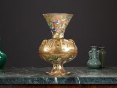 A 20TH CENTURY ENAMELLED GLASS AND GILDED MOSQUE LAMP, STYLE OF BROCARD, PARIS