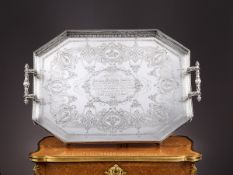 A MASSIVE VICTORIAN STERLING SILVER TRAY, 204oz., C. 1880, MARTIN, HALL & CO.