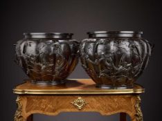 A LARGE PAIR OF JAPANESE MEIJI PERIOD BRONZE JARDINIERES