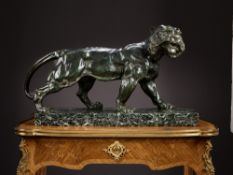 A LARGE EARLY 20TH CENTURY FRENCH BRONZE MODEL OF A WALKING TIGER