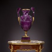 A RUSSIAN AMETHYST COLOURED CUT GLASS AND GILT BRONZE VASE, PROBABLY EARLY 20TH CENTURY