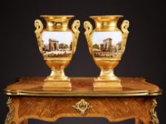 A PAIR OF EARLY 19TH CENTURY PARIS PORCELAIN TOPOGRAPHICAL VASES