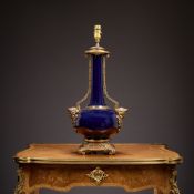 A LOUIS XVI STYLE BLUE GLASS AND BRONZE MOUNTED TABLE LAMP BASE