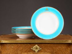 A SET OF SIX MINTON PORCELAIN CRESTED DINNER PLATES