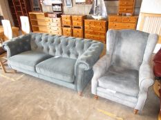 Victorian Style Blue Velour Deep Buttoned Settee and Wing Back Chair