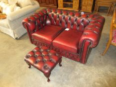 Chesterfield Deep Buttoned Burgundy Leather 2 Seat Settee with Stool
