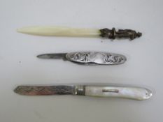 A hallmarked silver bladed mother of pearl fruit knife etc