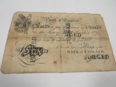 Bank of England, Matthew Marshall (1835-64) contemporary forgery of a 5 pound note 18th June 1857,