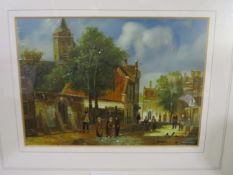 DUTCH SCHOOL, a small oil painting of a Dutch style street scene, signed but indistinct, framed