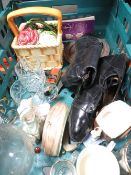 A tray of assorted collectables to include a pair of vintage ice skates etc