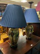A pair of Chinese style porcelain table lamps with blue shades. (2)