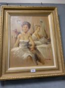 V Varana ? - An oil on canvas depicting a lady at a table, signed lower right but indistinct,