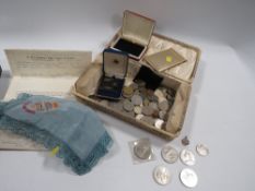A tray of collectables to include coins, and a R.A.F handkerchief