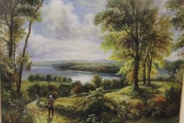 R. MARIO. A small oil painting of a gentleman walking towards a lake, framed and glazed