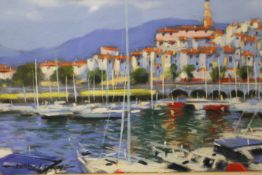 ANTHONY ? A mixed media study of a harbour, signed but indistinct, framed and glazed, 19 x 39.5 cm