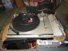 Two trays of assorted electricals to include a Technics turntable etc