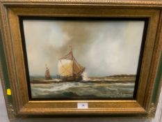 An oil on canvas depicting a seascape, signed lower right but indistinct, framed, 28 x 38 cm