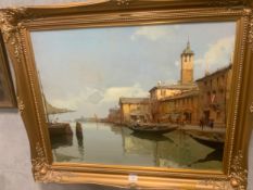H Bellani - A large oil on canvas depicting an Italian Gondola beside a harbour, signed lower right,