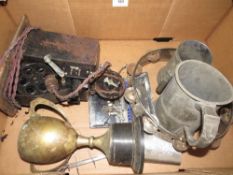 A box of metalware to include projector, tankard, etc